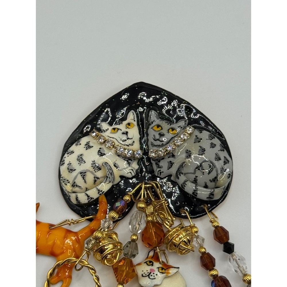 Lunch At The Ritz Cat Rhinestone Enamel Dangle Brooch - Picture 3 of 13